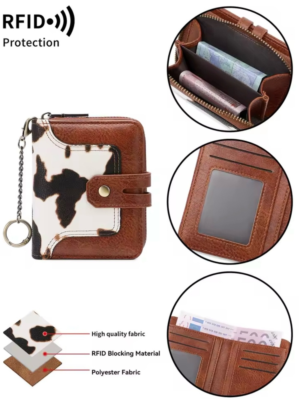 Brown and White Cow Print RFID Wallet with Keyring